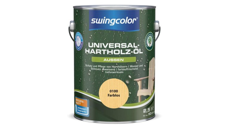 2,5-Liter Dose Swingcolor Universal Hartholz-Öl in Grün, die farblos ist und für den Schutz und die Pflege von Harthölzern im Außenbereich verwendet wird.